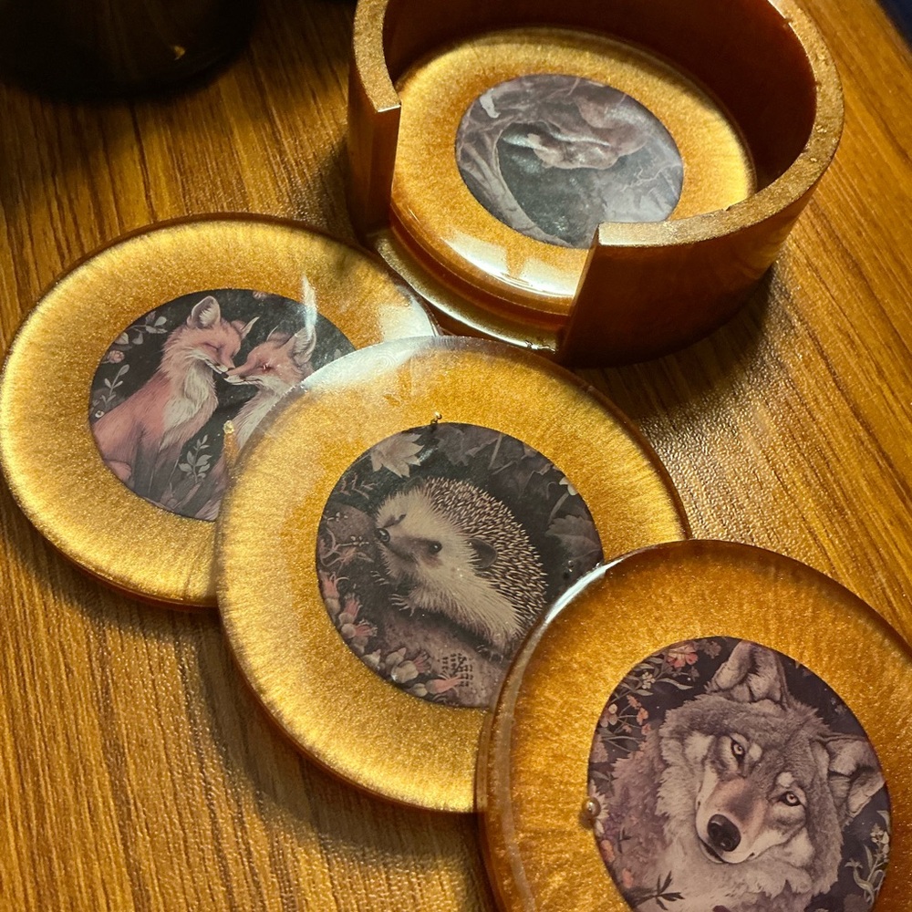 Handmade Retro Epoxy Resin Vintage Animal Print Coaster Set